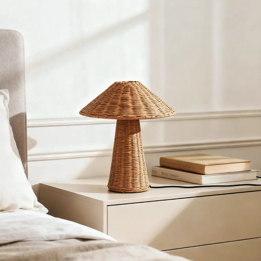 Rustic Natural Rattan Cone Shade Led Table Lamp for Bedroom