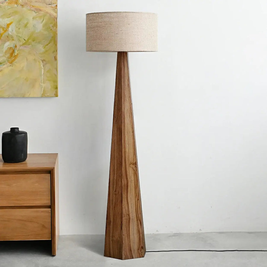 Rustic Push-Thru Wood Tree Fabric Drum Floor Lamp