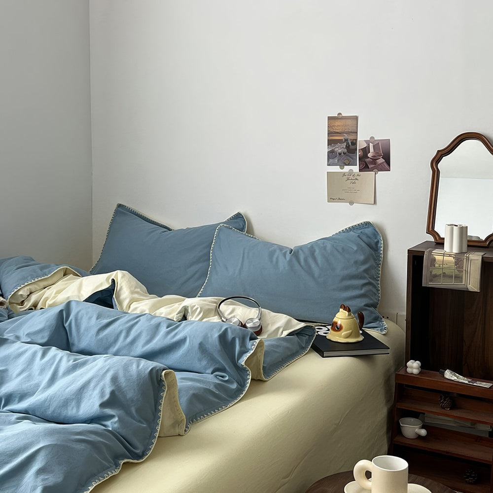 Stitched Edge Sage Blue Minimalist Bedding Set