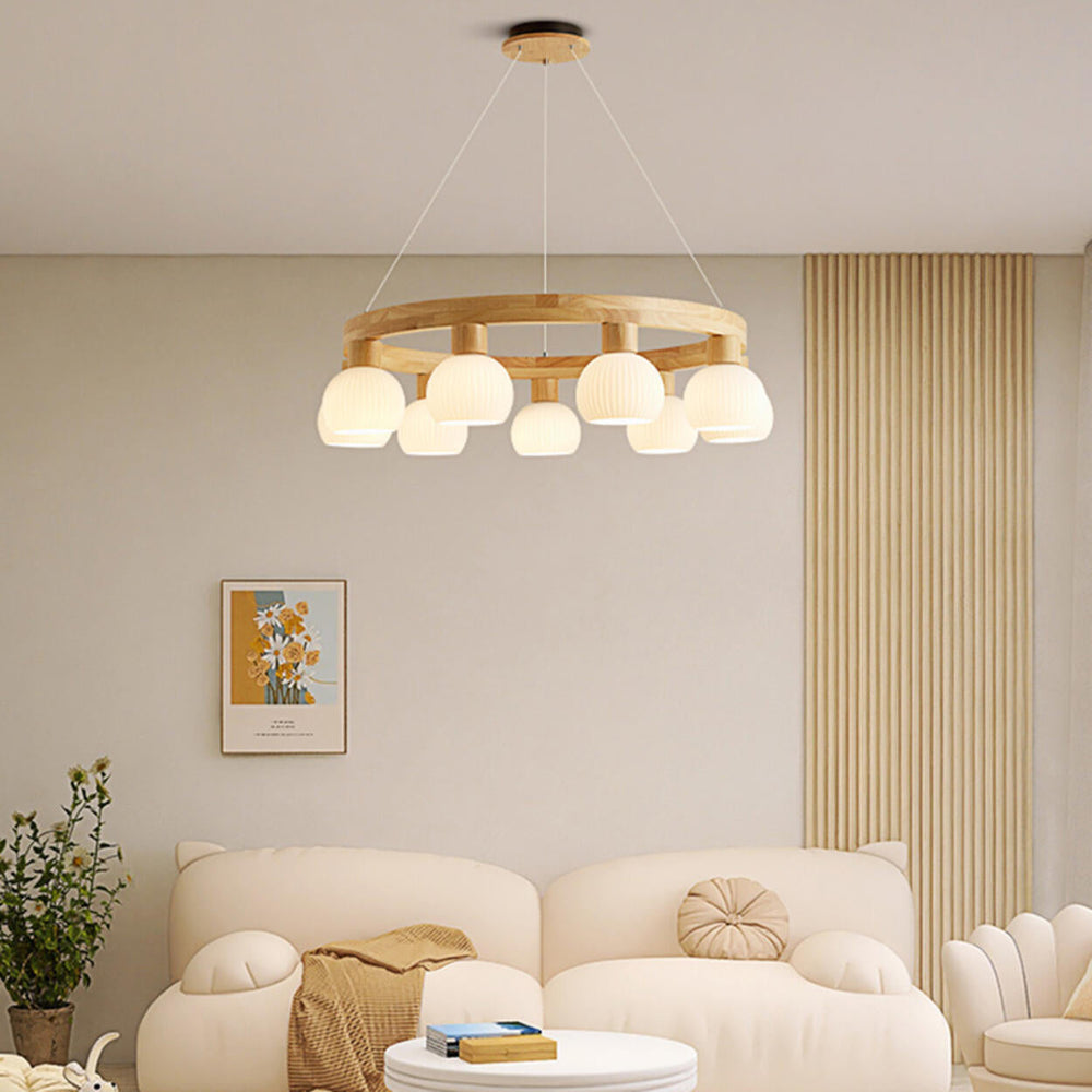 Scandinavian 9-Light GLobe Wooden Ring Chandelier