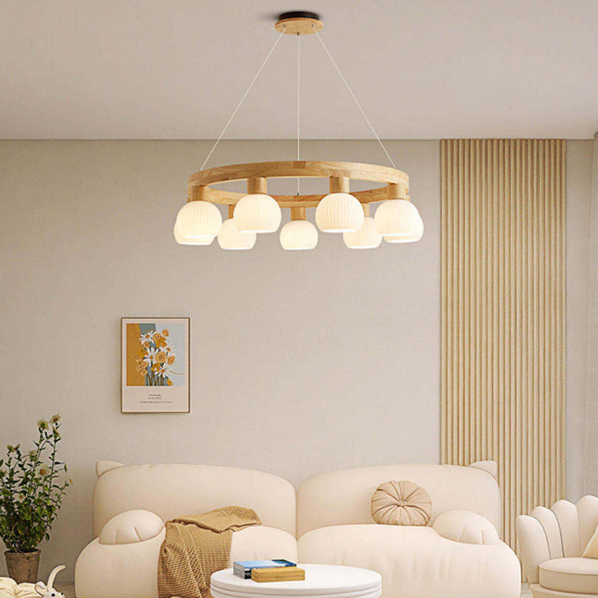 Scandinavian 9-Light GLobe Wooden Ring Chandelier