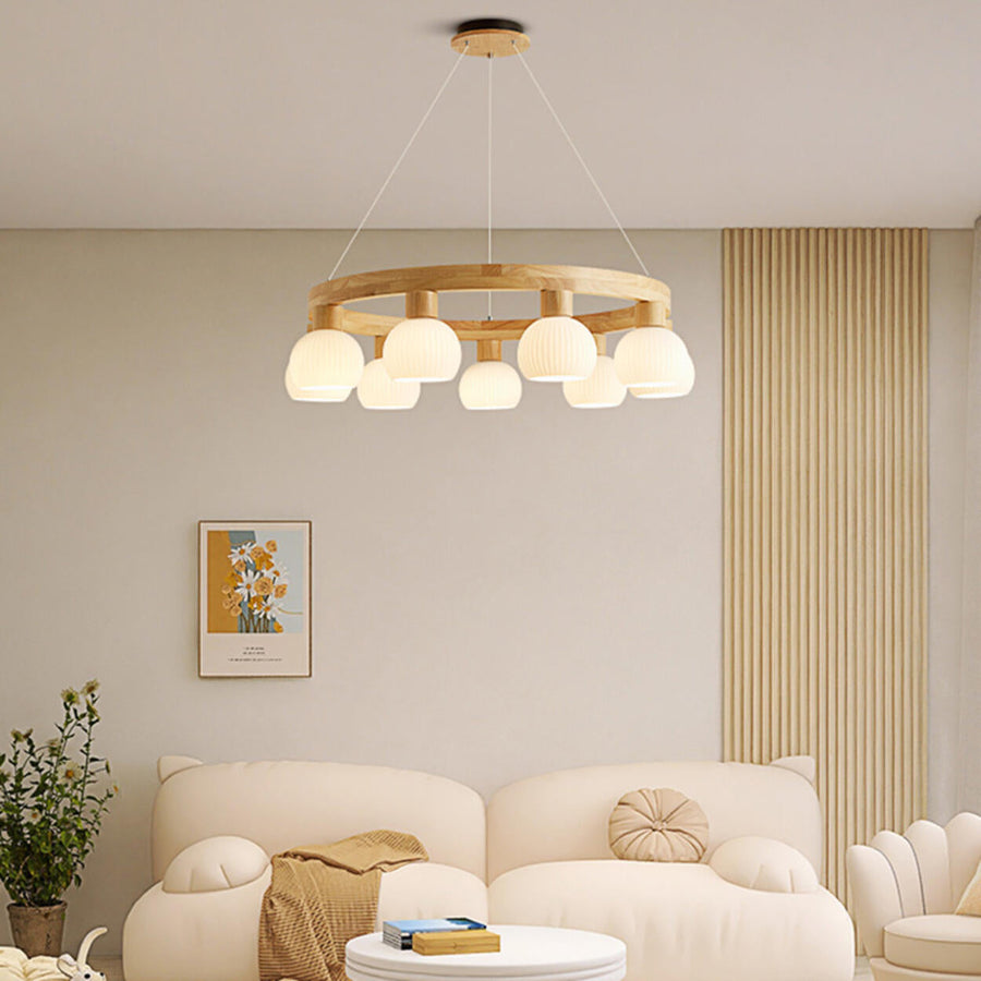 Scandinavian 9-Light GLobe Wooden Ring Chandelier
