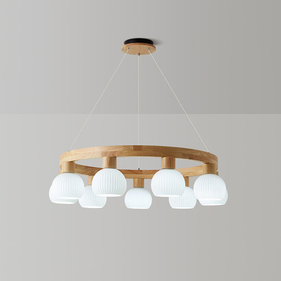 Scandinavian 9-Light GLobe Wooden Ring Chandelier