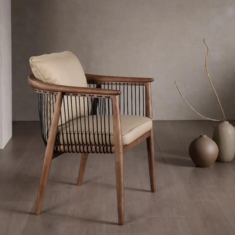Scandinavian Curved Back Rope Cushion Wood Arm Dining Chair