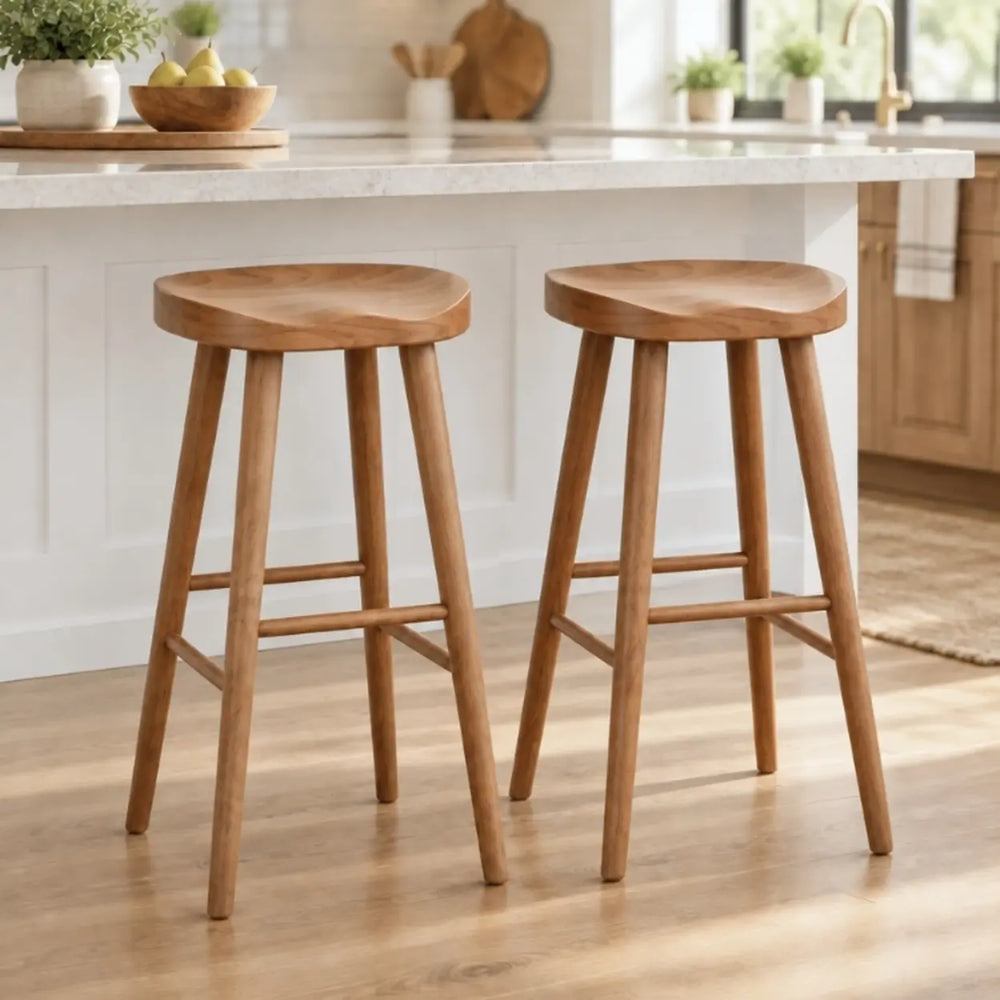 Scandinavian Minimalist Brown Wood Bar Stool with Footrest