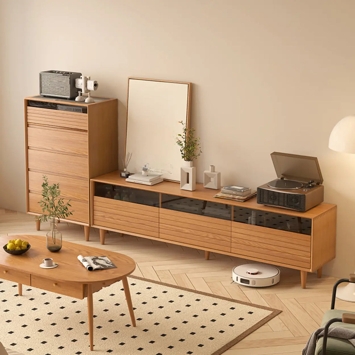 Scandinavian Natural Finish Cherry Drawers TV Stand