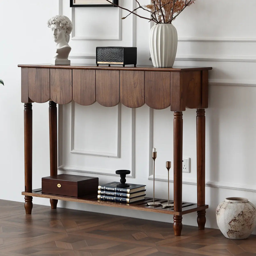 Scandinavian Rectangular Wood Console Table with Floor Shelf