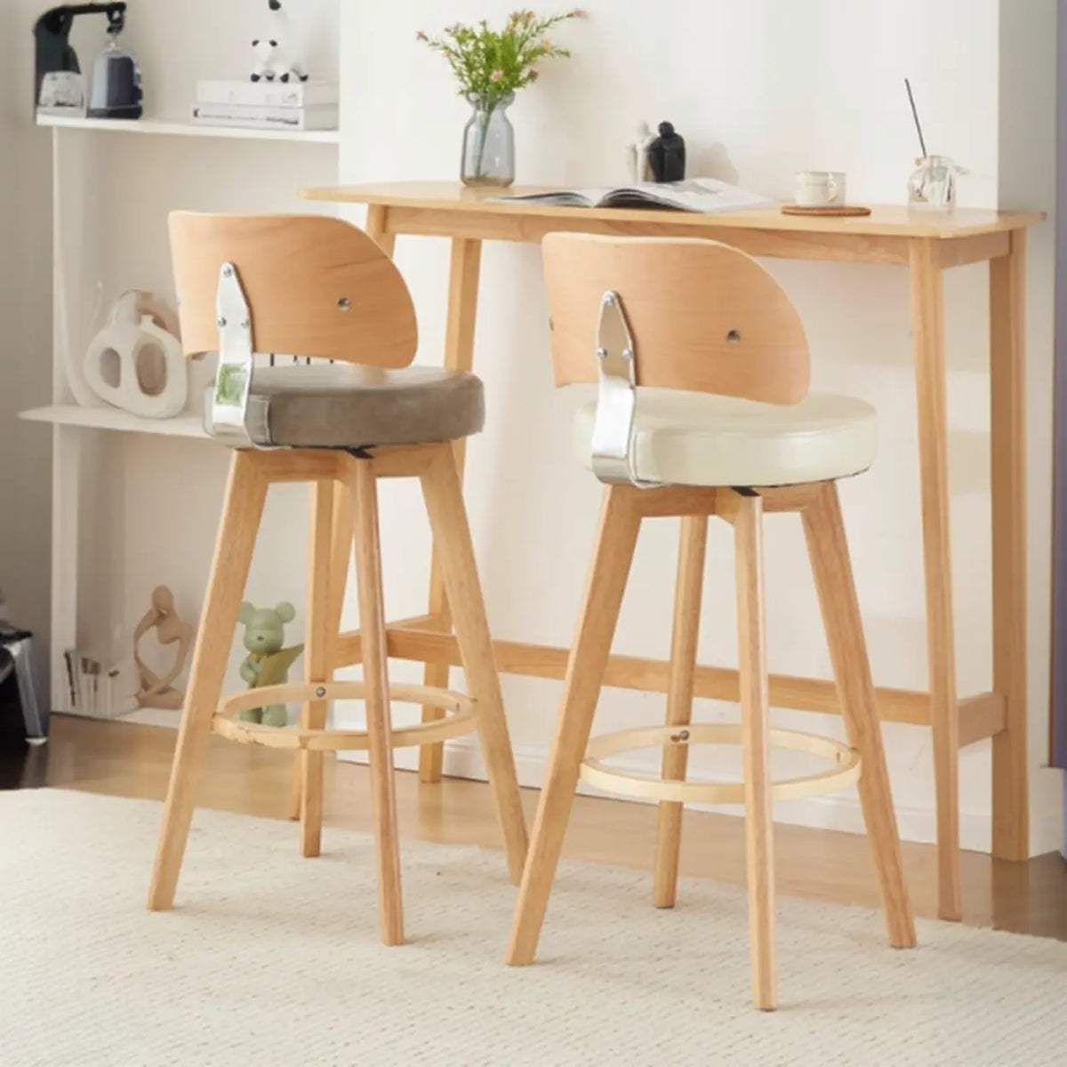 Scandinavian Swivel Wood Low Back Leather Padded Bar Stool