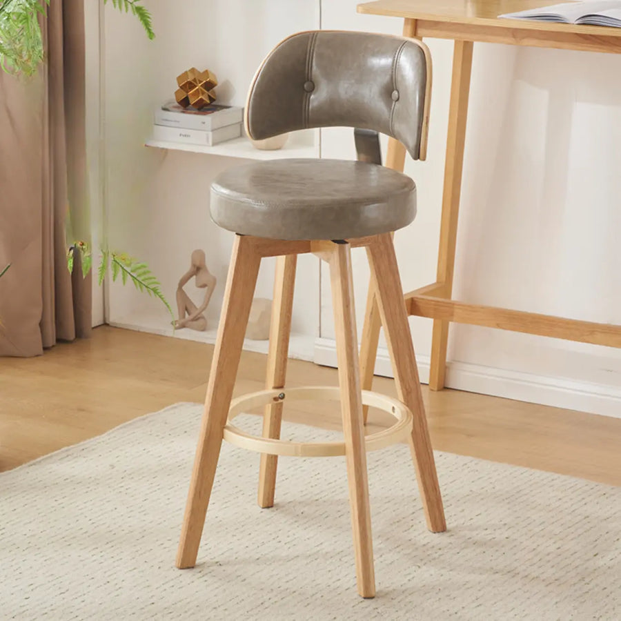 Scandinavian Swivel Wood Low Back Leather Padded Bar Stool