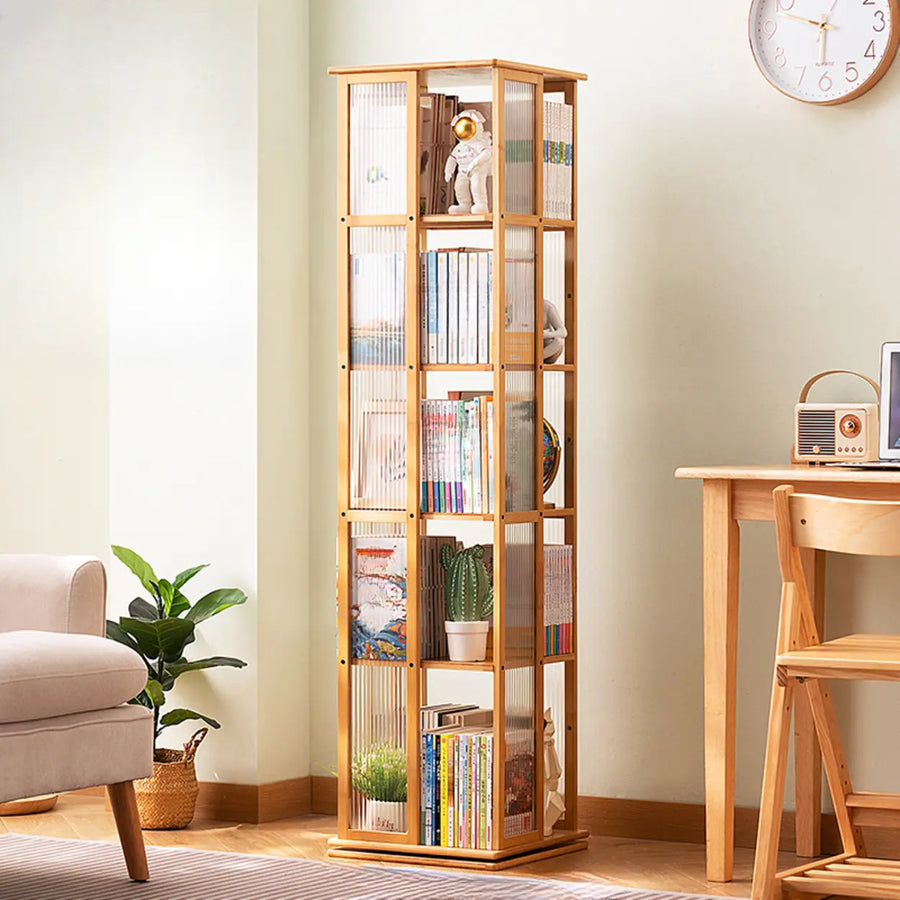 Scandinavian Vertical Tall Bamboo Rotating Bookshelf Tower