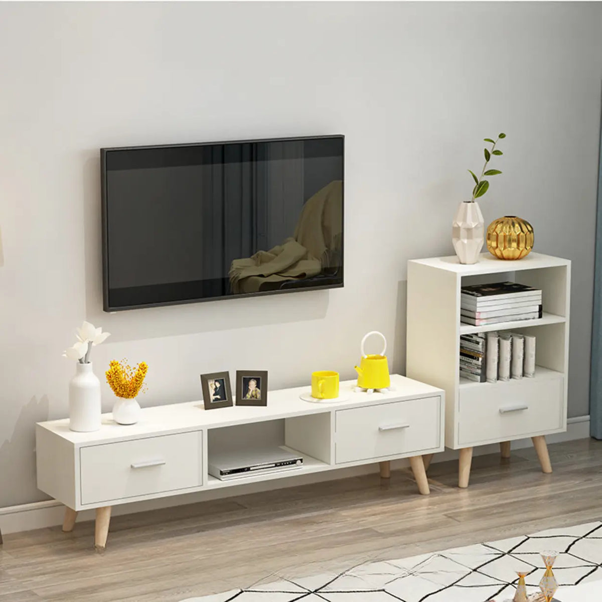 Scandinavian White Open Storage Drawers Wood TV Stand