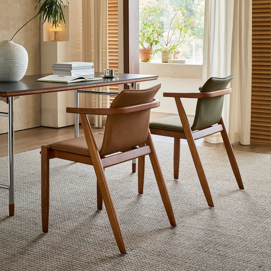 Scandinavian Wood Faux Leather Upholstered Arm Dining Chair