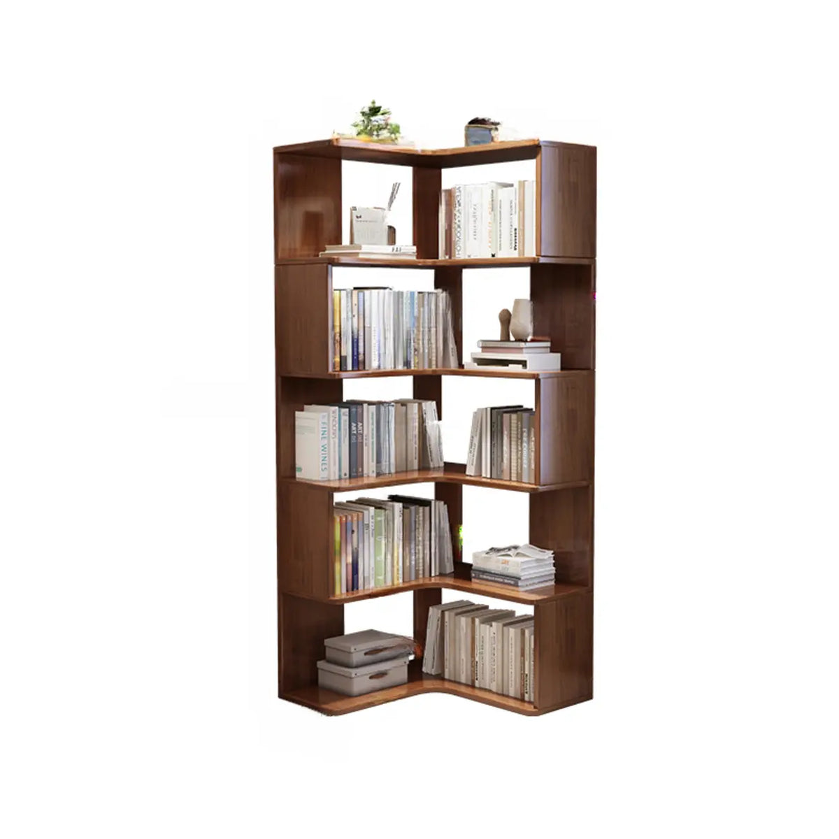 Scandinavian Wooden Vertical Corner L-Shaped Bookshelf