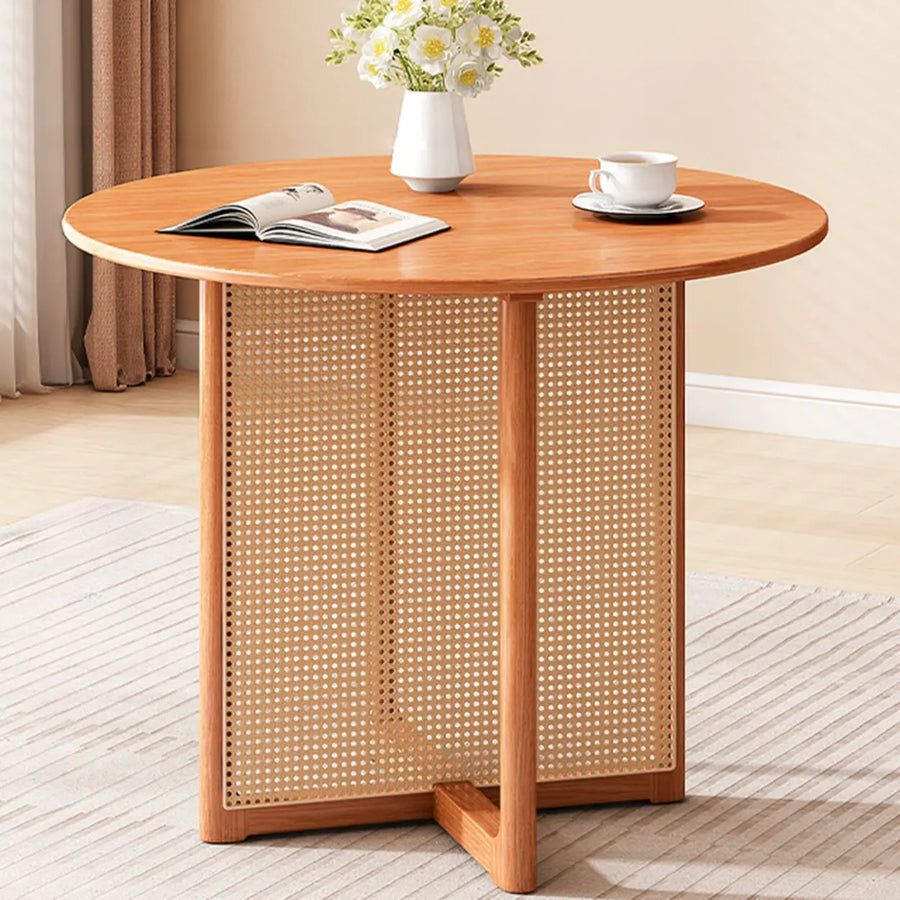 Scandinavian Woven Rattan Compact Round Wood Dining Table