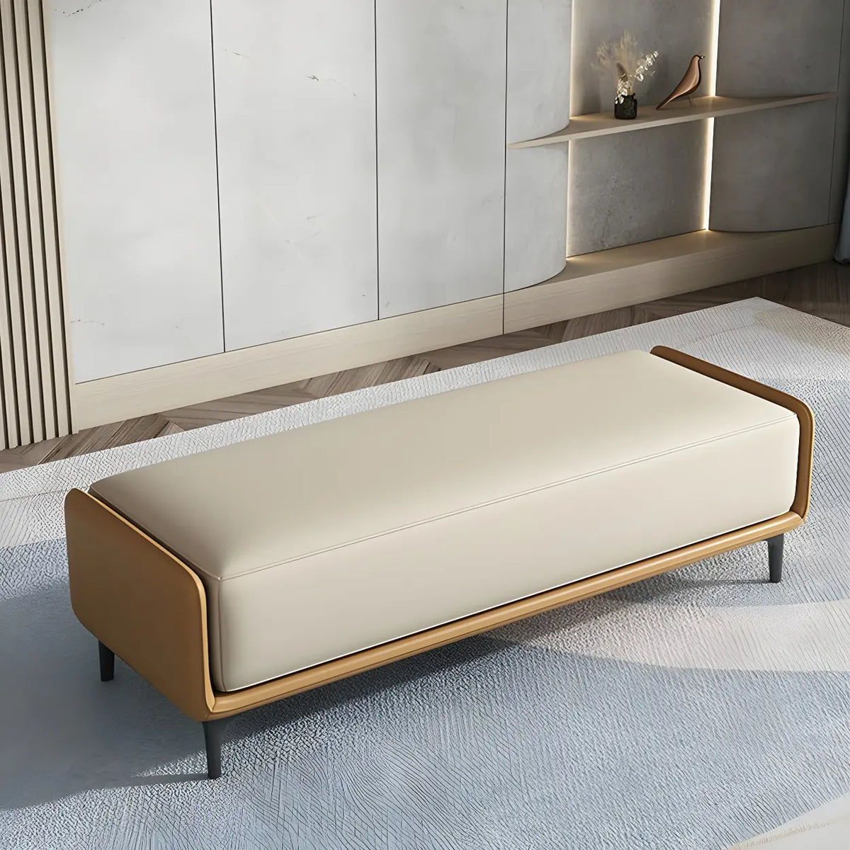 Short Grey Leather Upholstered Bedroom Bench with Legs