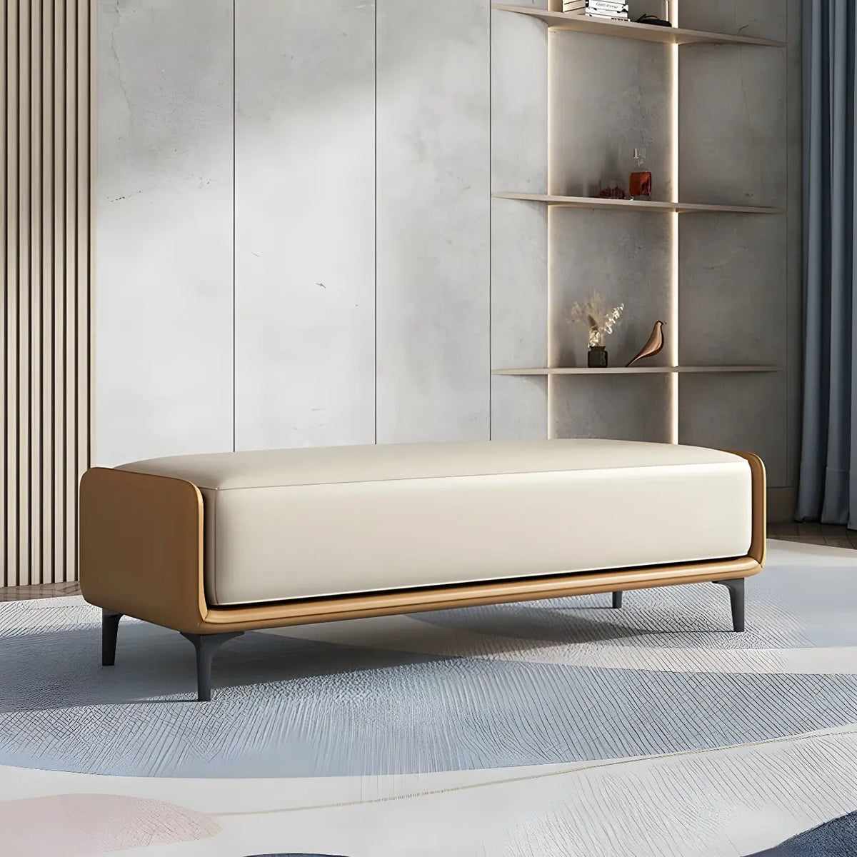Short Grey Leather Upholstered Bedroom Bench with Legs