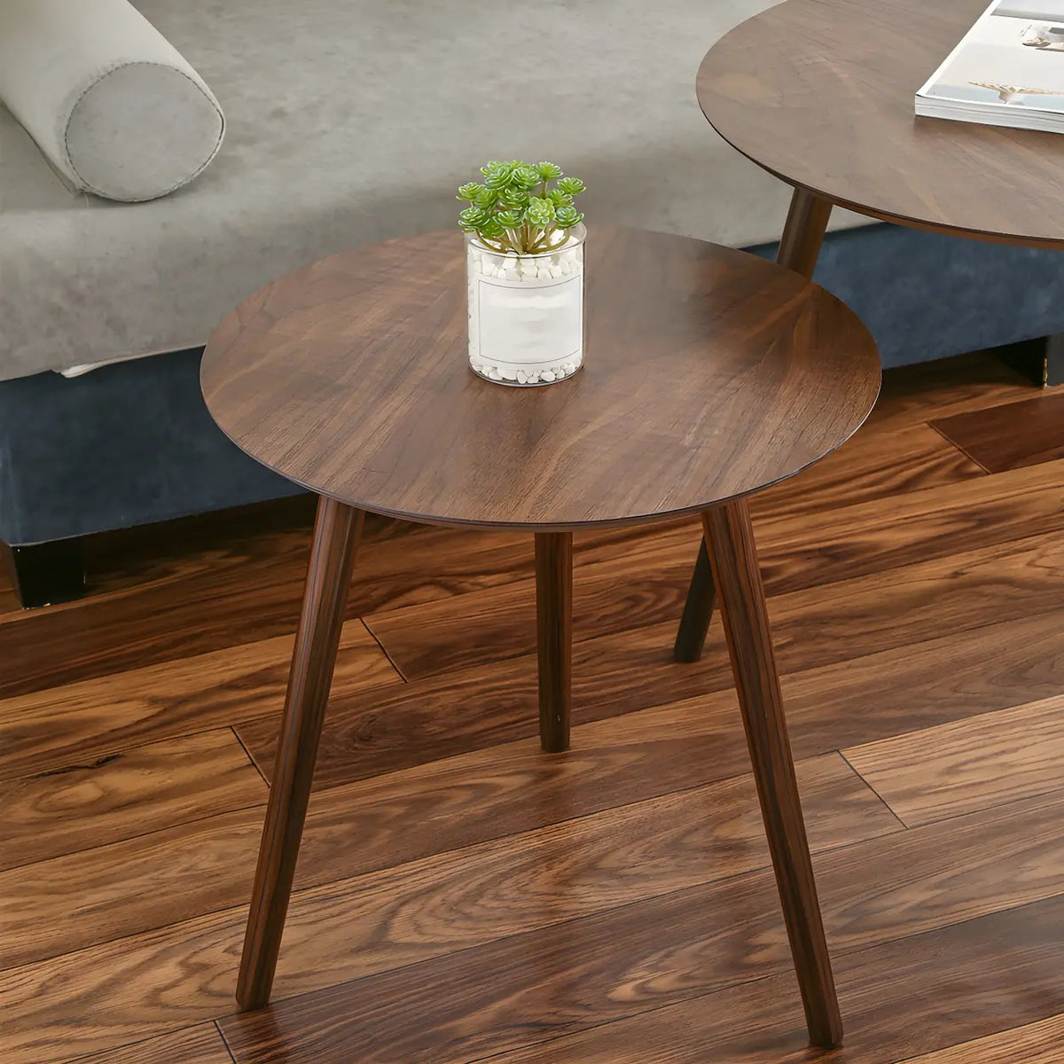 Simple Round Espresso Wood Brown Three Legs End Table