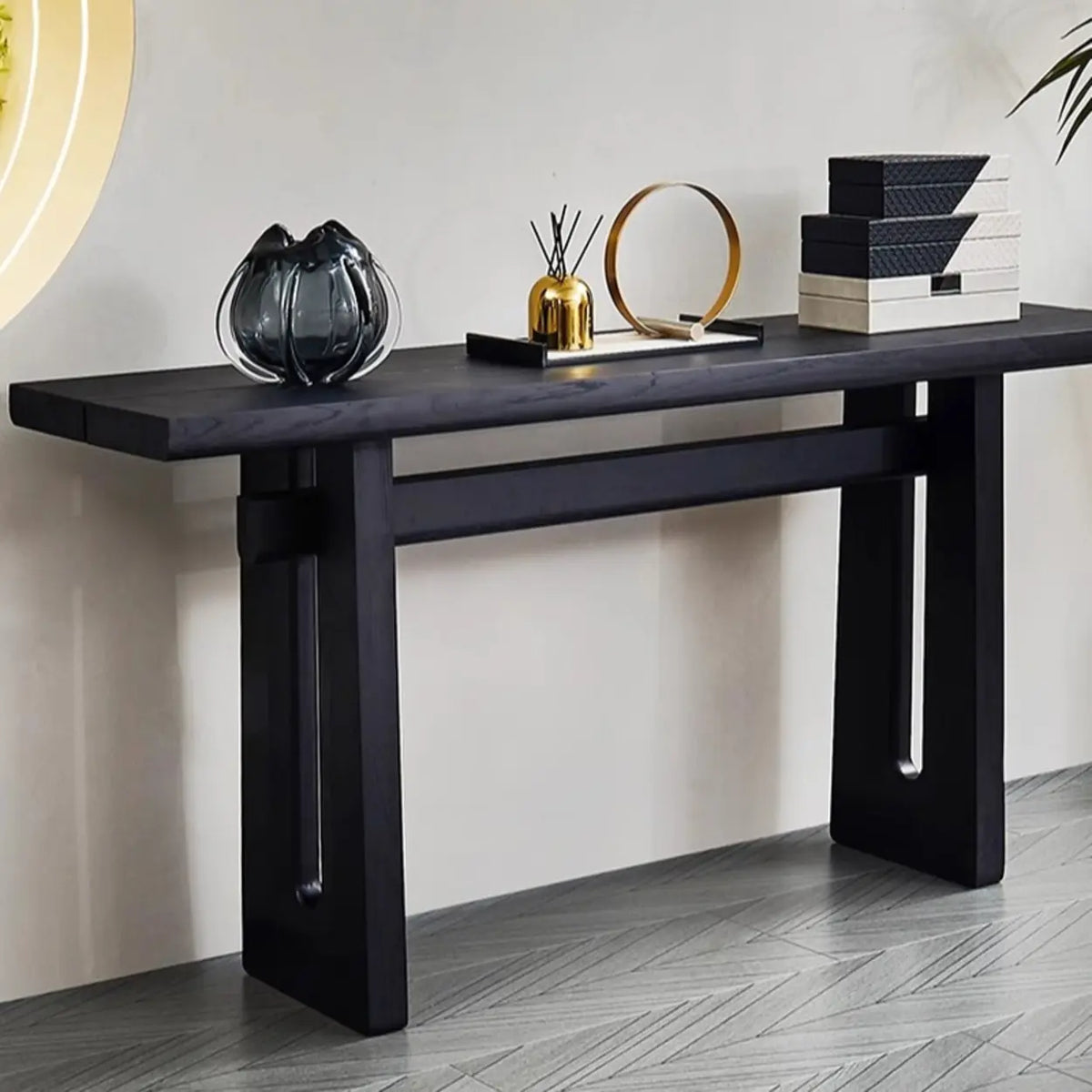 Simple Trestle Timber Black Rectangular Top Console Table