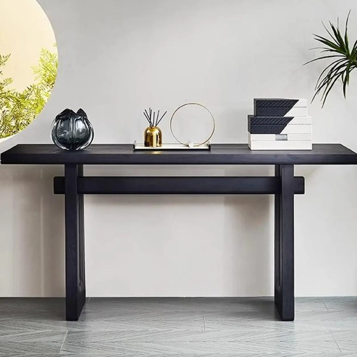 Simple Trestle Timber Black Rectangular Top Console Table