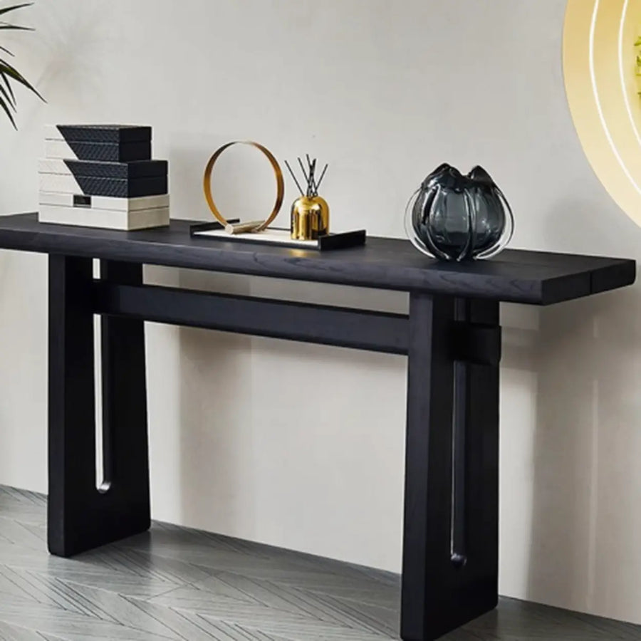 Simple Trestle Timber Black Rectangular Top Console Table