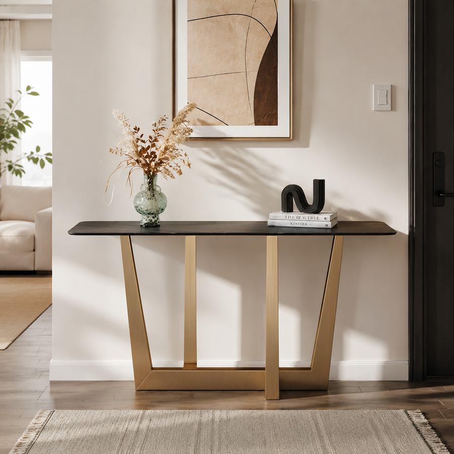 Sleek Black Stone Top Gold Abstract Frame Console Table