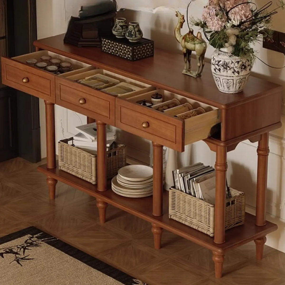 Soft Close Wooden Rectangular Brown Storage Console Table