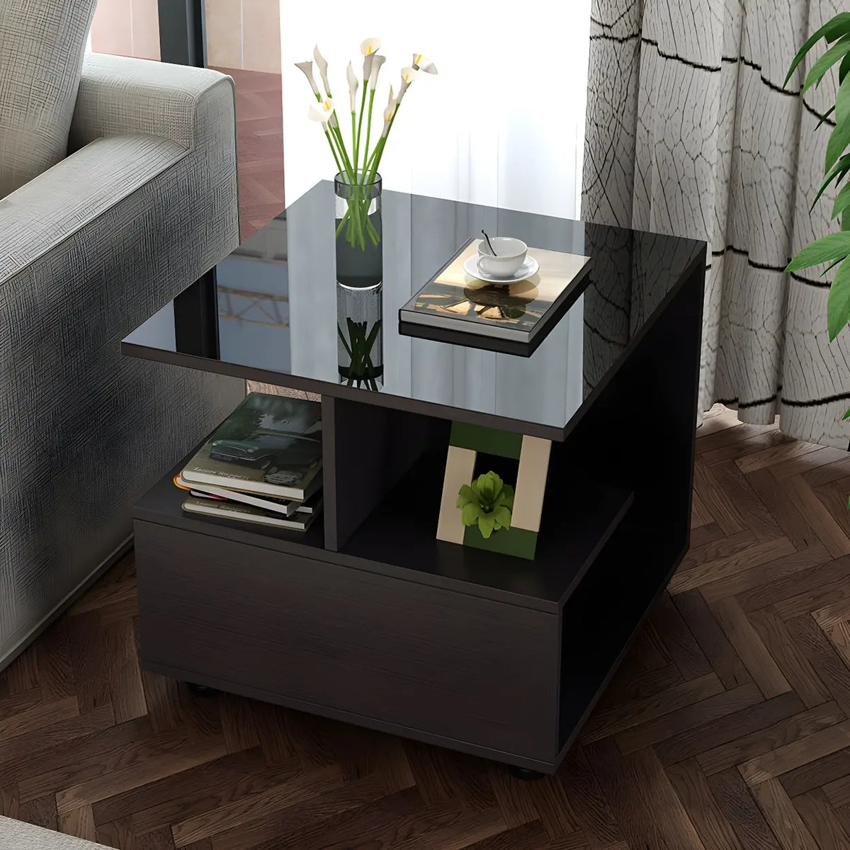 Square Glass and Wood Base White Shelved Side Table
