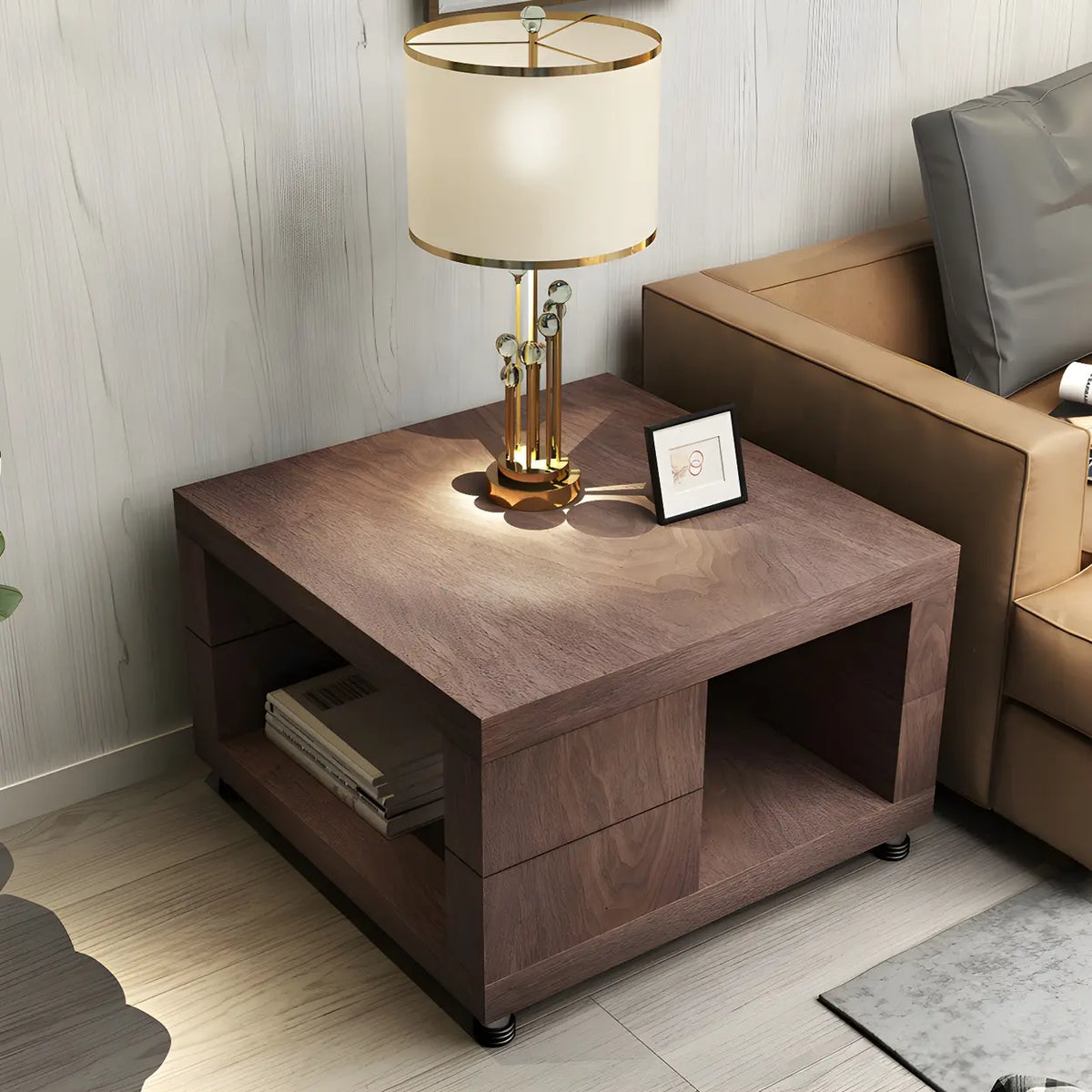 Square Walnut Wood Double Tier Side Table with Shelf