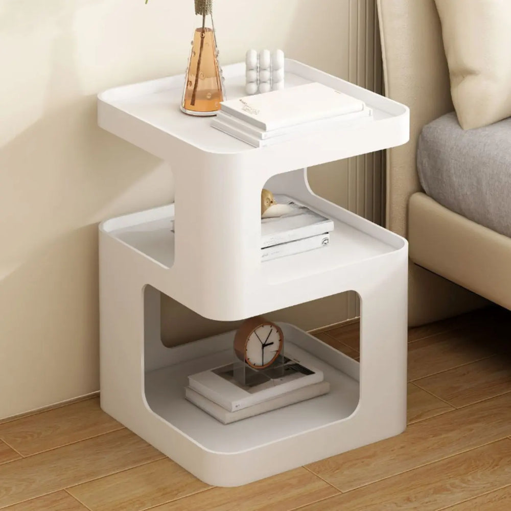 Square White Tray Top Storage End Table with Shelves