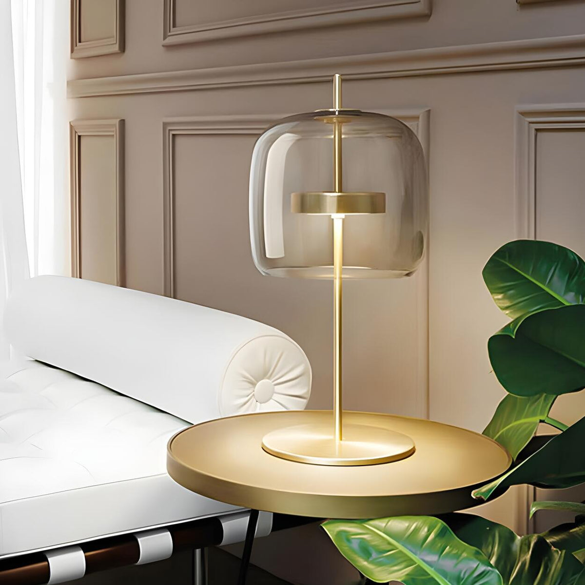 Stylish Glass Dome Geometric Brass Finish Table Lamp