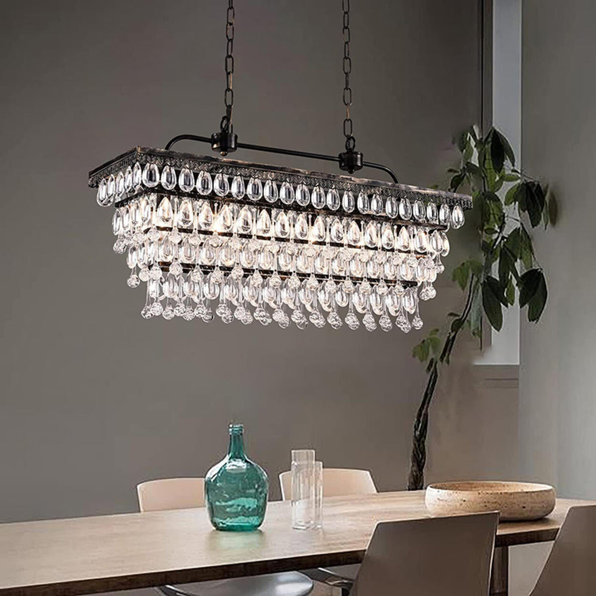 Tiered Droplets Rectangular Crystal Chandelier Light
