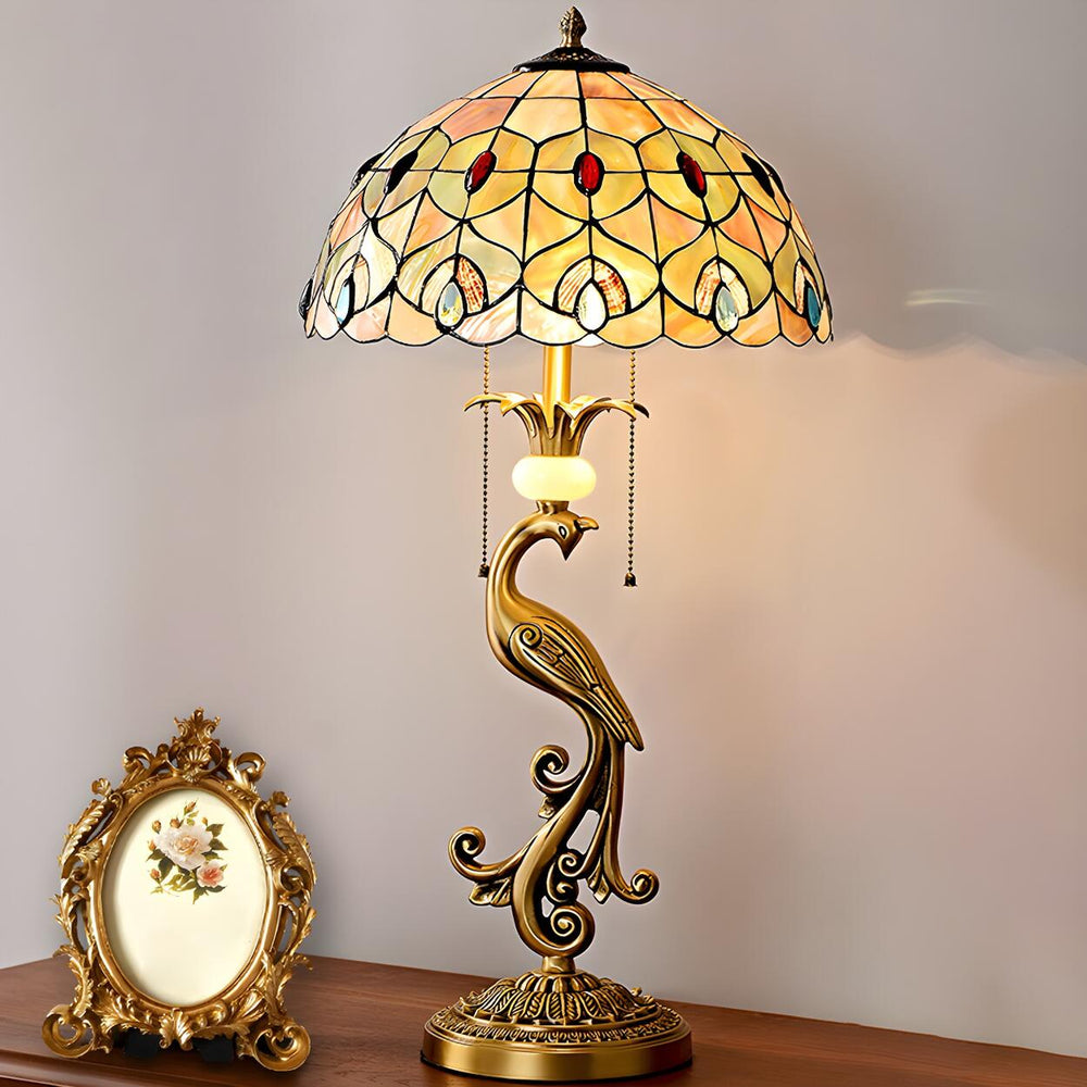 Tiffany Antique Stained Glass Shade Peacock Table Lamp