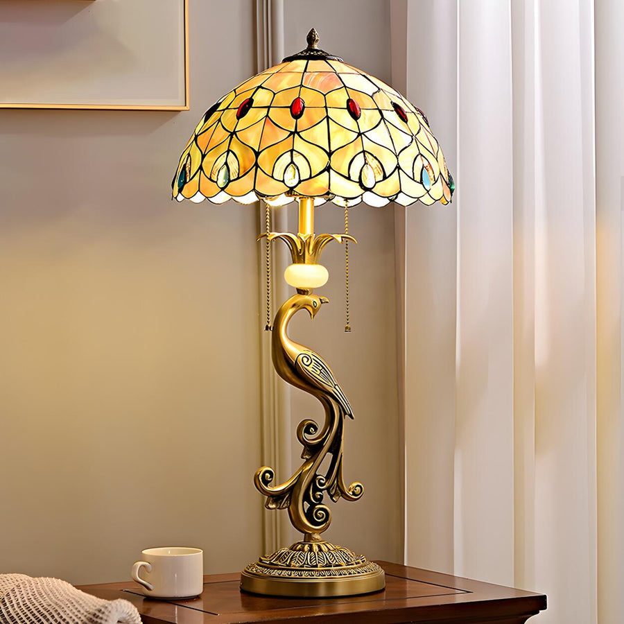 Tiffany Antique Stained Glass Shade Peacock Table Lamp