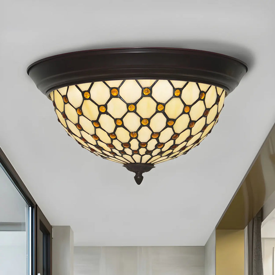 Tiffany Beige Bowl-Shaped Glass LED Flush Mount Light