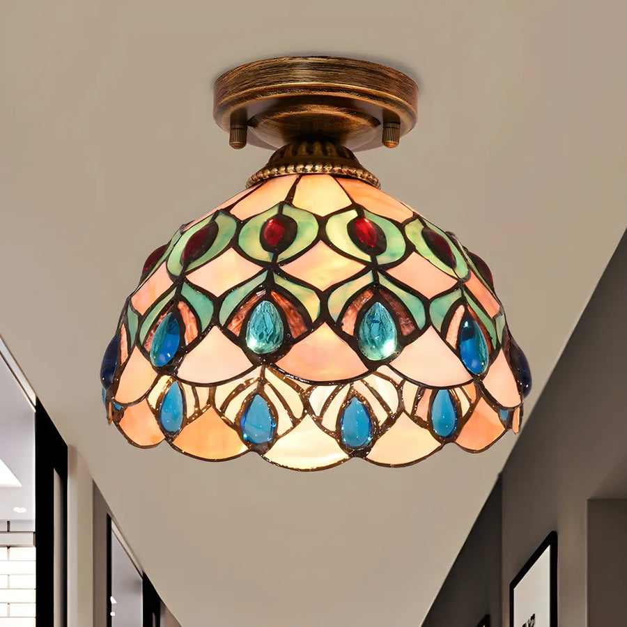 Tiffany Bowl-Shaped Stained Gem Glass Flush Mount Light