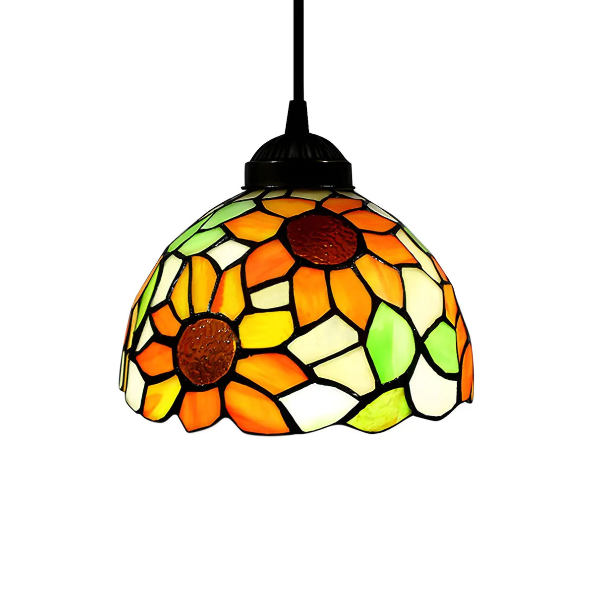 Tiffany Dome Floral Red Orange Stained Glass Pendant Light