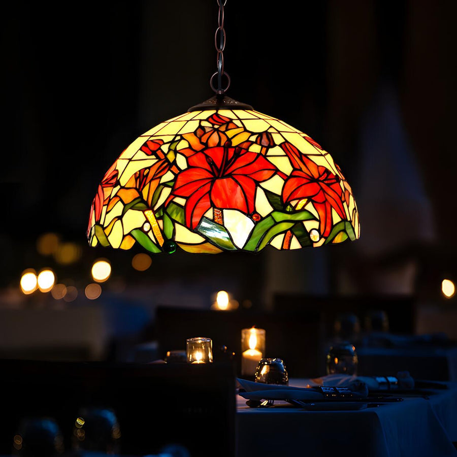 Tiffany Floral Red Stained Glass Dome Pendant Chandelier