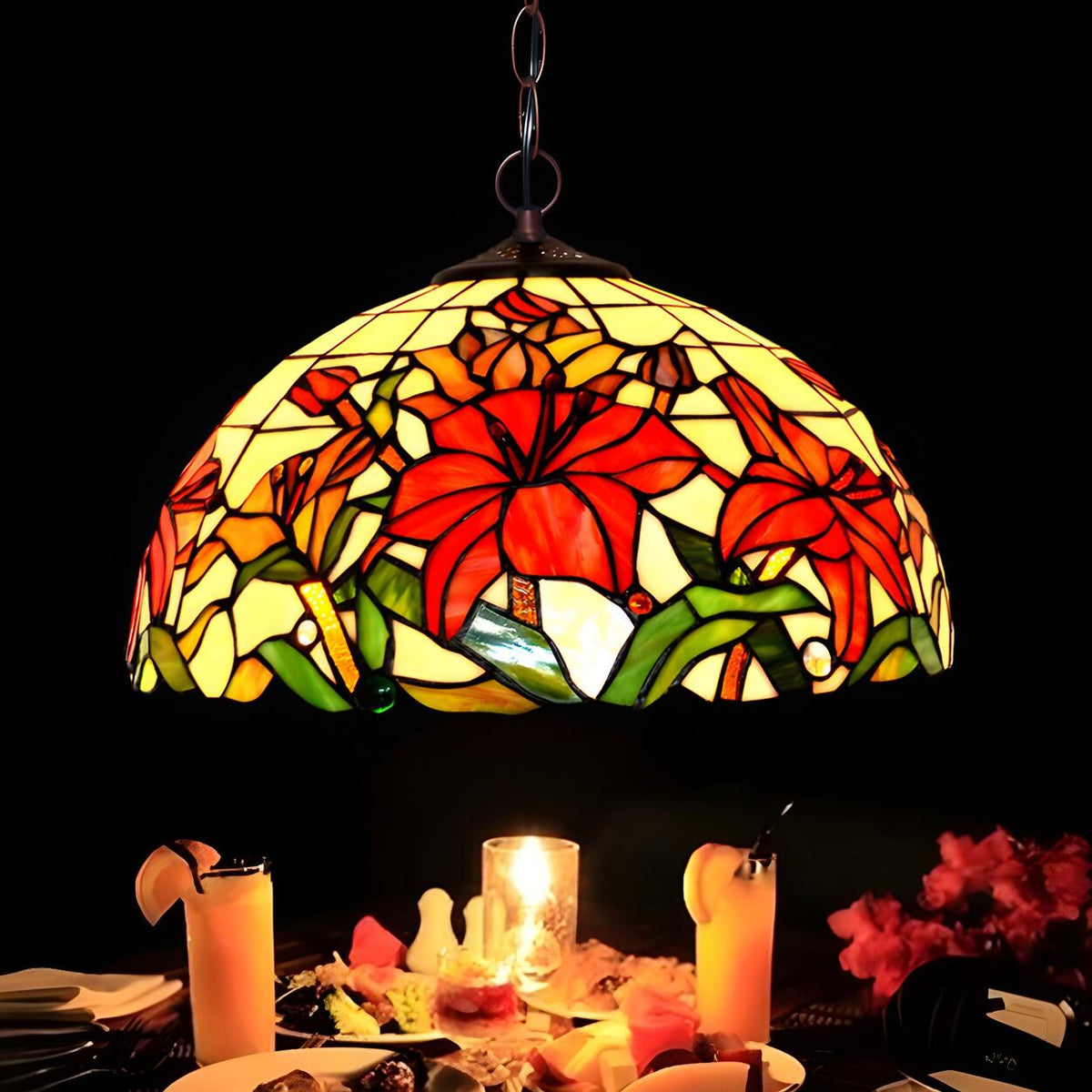 Tiffany Floral Red Stained Glass Dome Pendant Chandelier