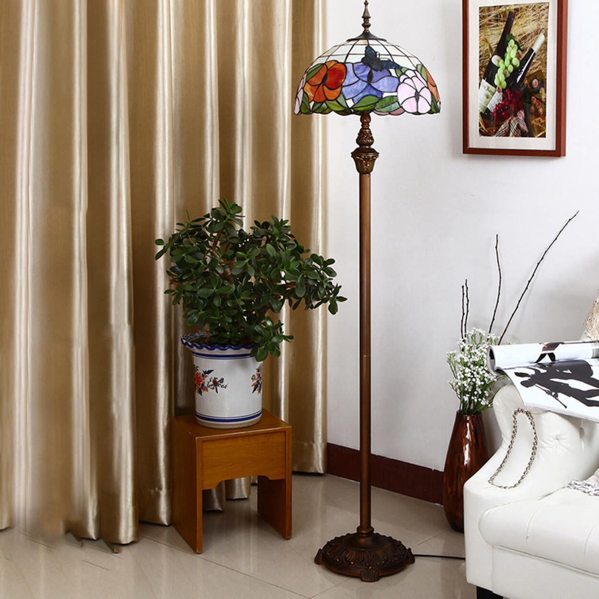 Tiffany Stained Dome Glass Bronze Base Floor Lamp