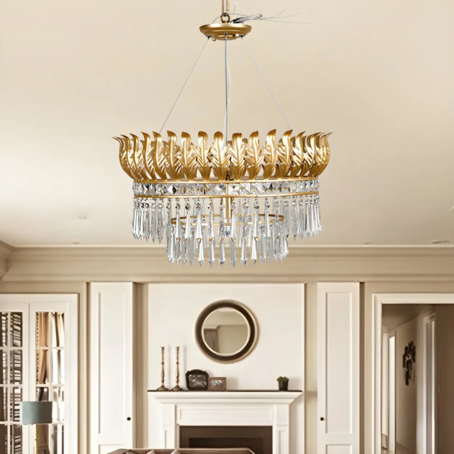 Traditional Rural Crystal Leaf Gold Chandelier Living Room