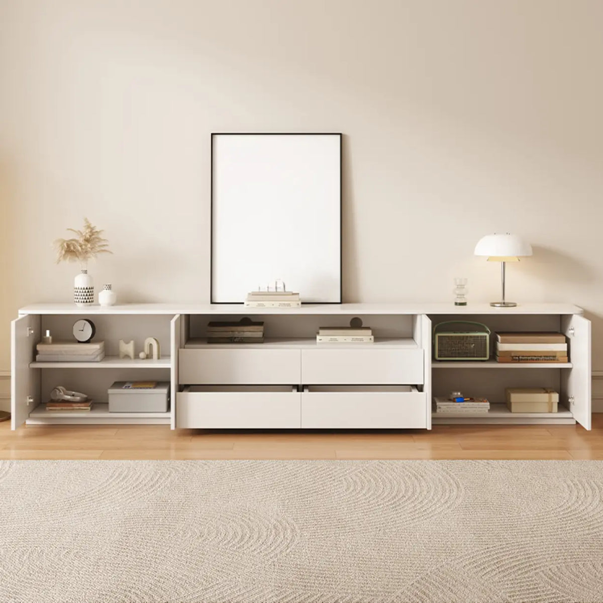 Trendy White Wood Open Storage Drawers Cabinet TV Stand