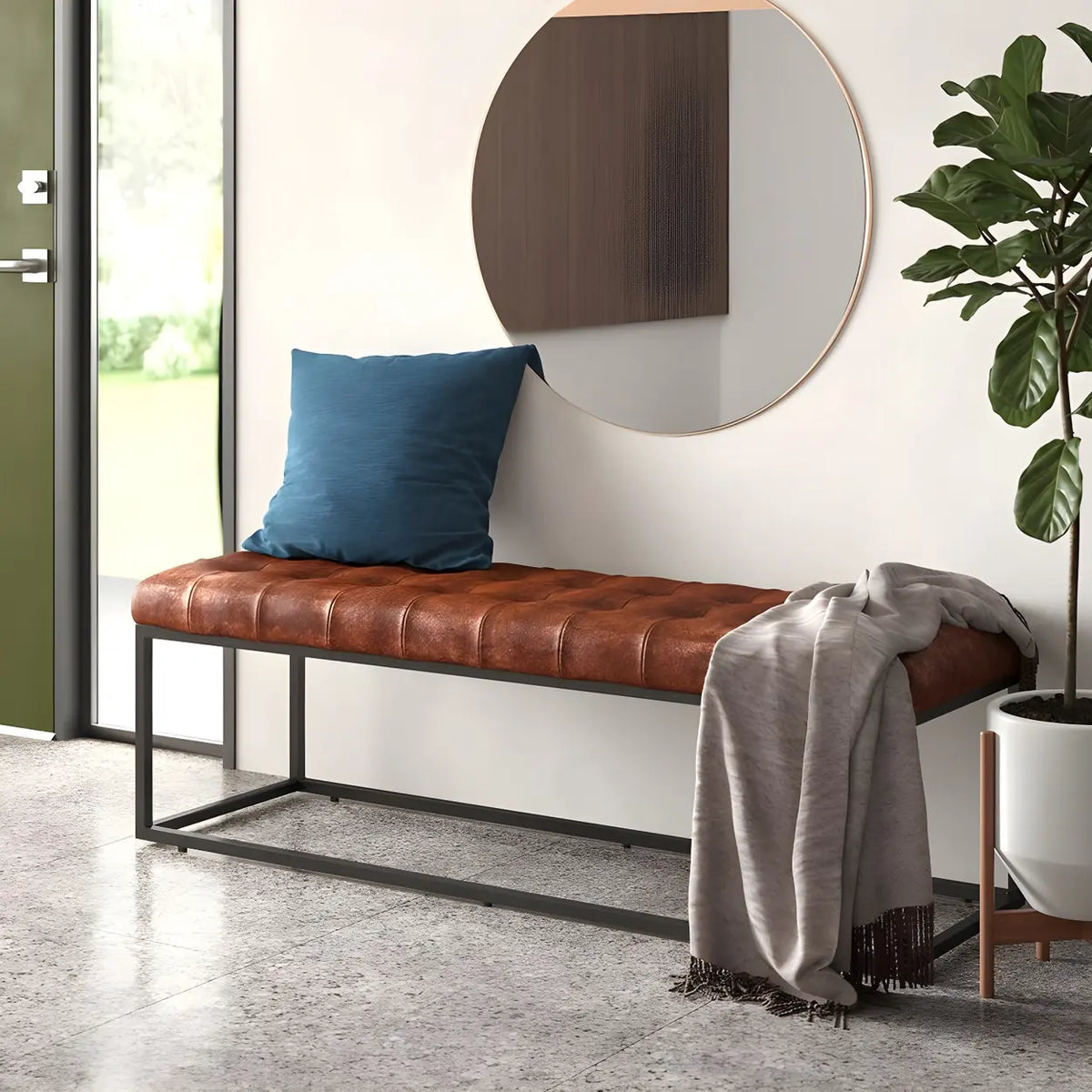 Tufted Leather Entryway Bench with Metal Frame