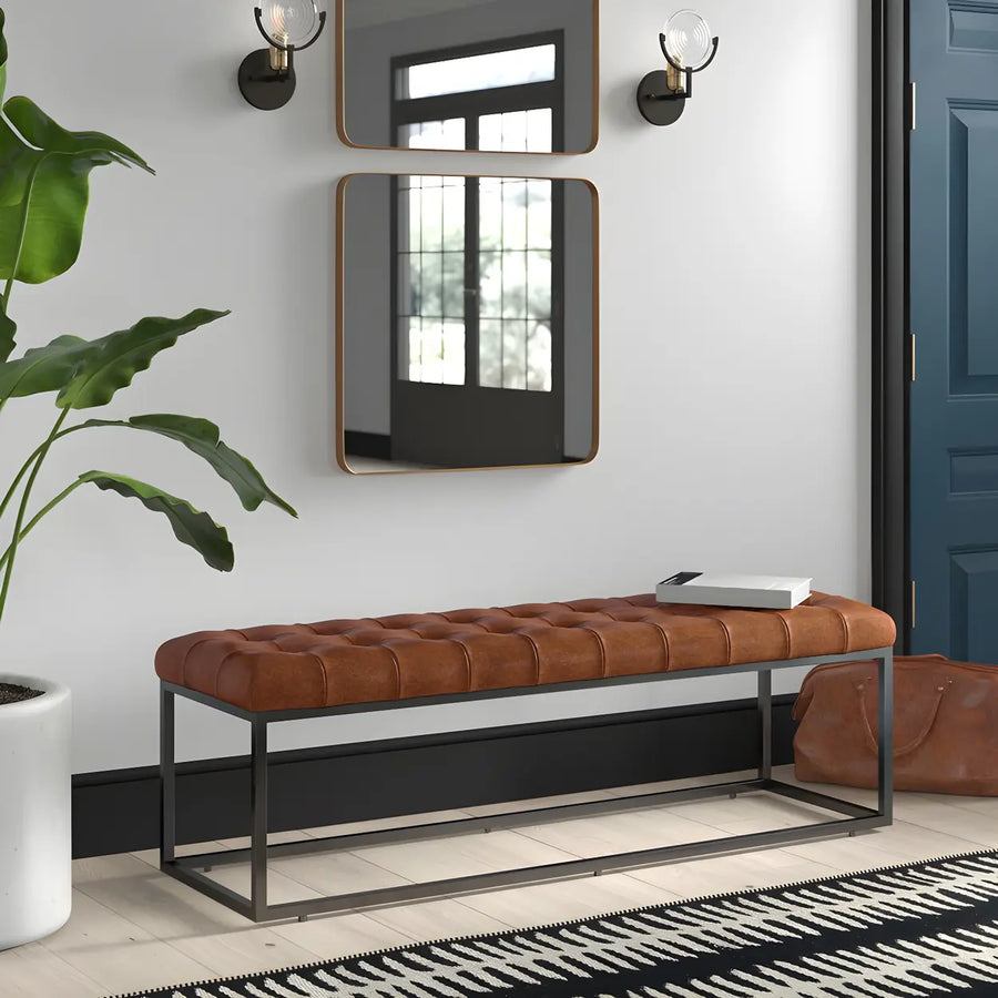 Tufted Leather Entryway Bench with Metal Frame