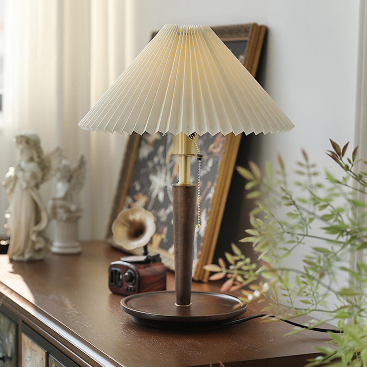 Umbrella Shape Wooden Table Lamp with Pull Chain Switch