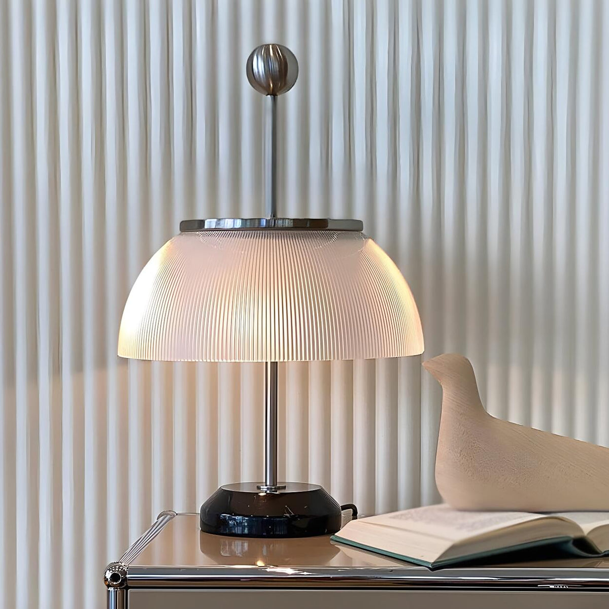 Unique White Glass Dome Shade Metal Accents Table Lamp