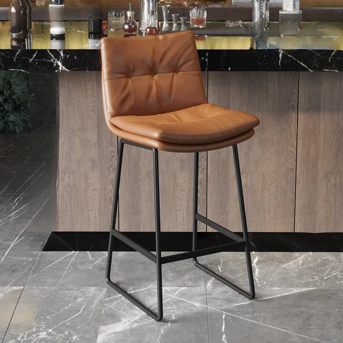 Upholstered Modern Leather Saddle Bar Stool with Metal Base