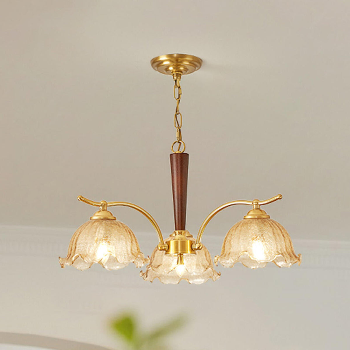Vintage Brass Floral Amber Glass Chandelier Adjustable Chain