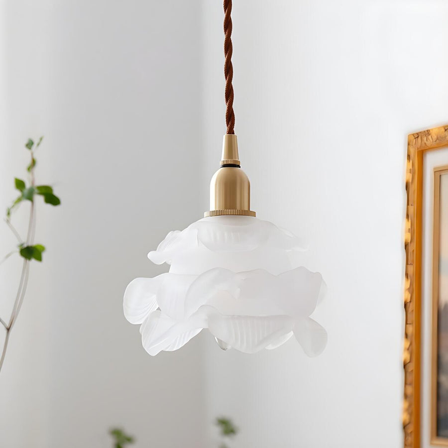 Vintage Brass Flower Frosted Glass Pendant Light