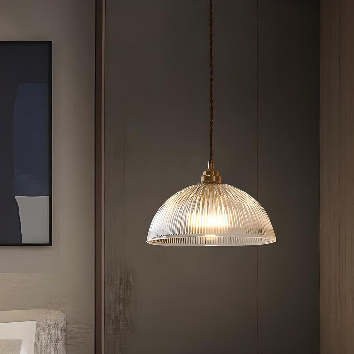 Vintage Brass Ribbed Glass Dome Pendant Light