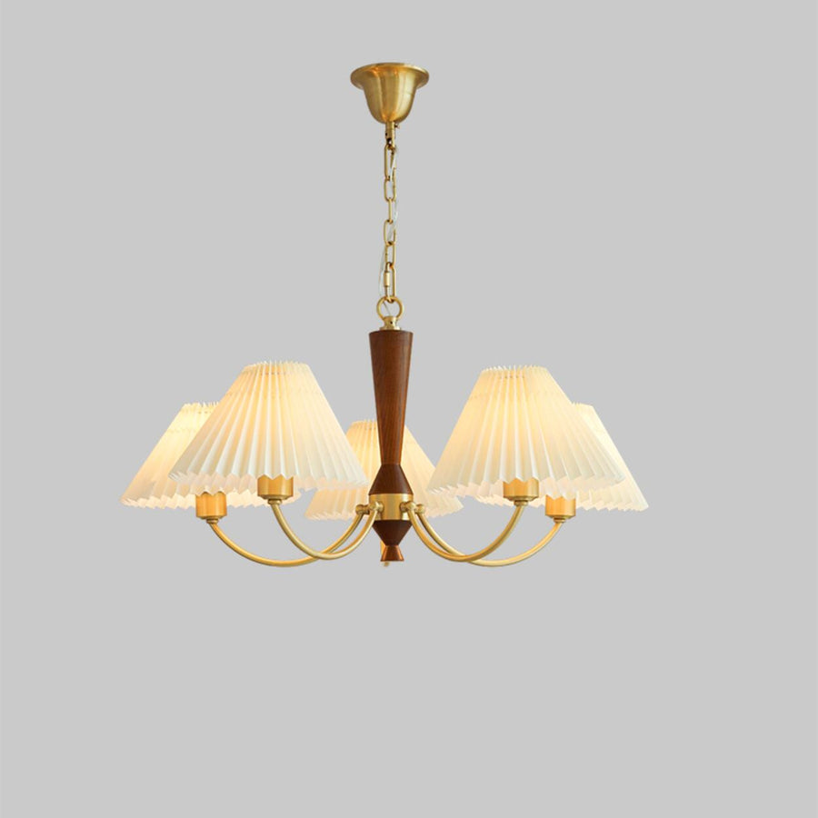 Vintage Brass White Pleated Chandelier Adjustable Height